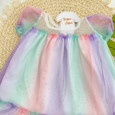 Conj. Batinha em Tule Colorido com Strass e Short Jeans